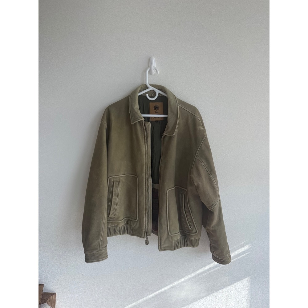 The Territory Ahead Mens Leather Bomber Jacket Olive Green/Tan Plaid Lined Large